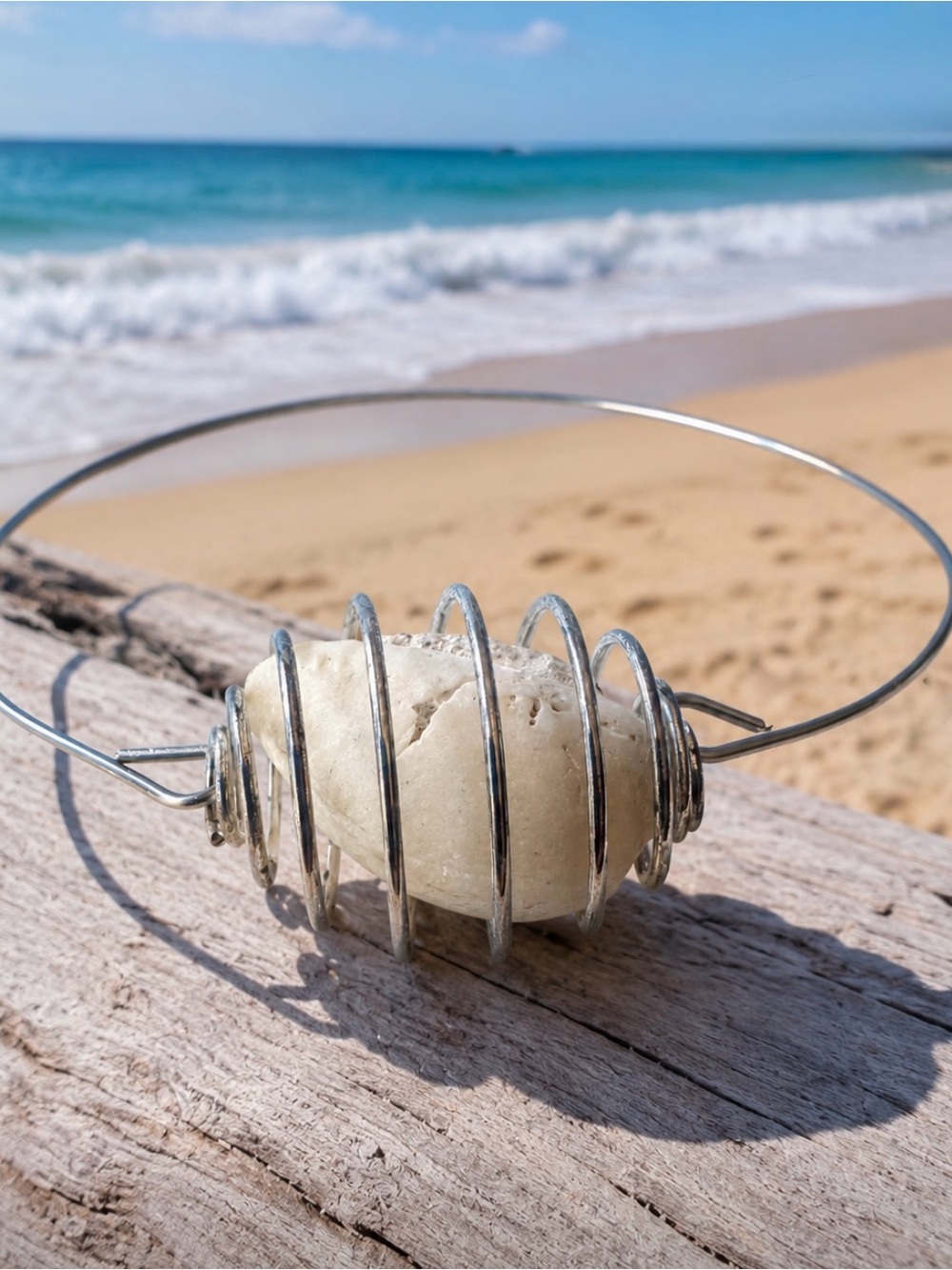 Silver Spiral Cage Bracelet with Natural Beach Shell